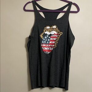 Charcoal Graphic Tank Top with Leopard and Flag Design